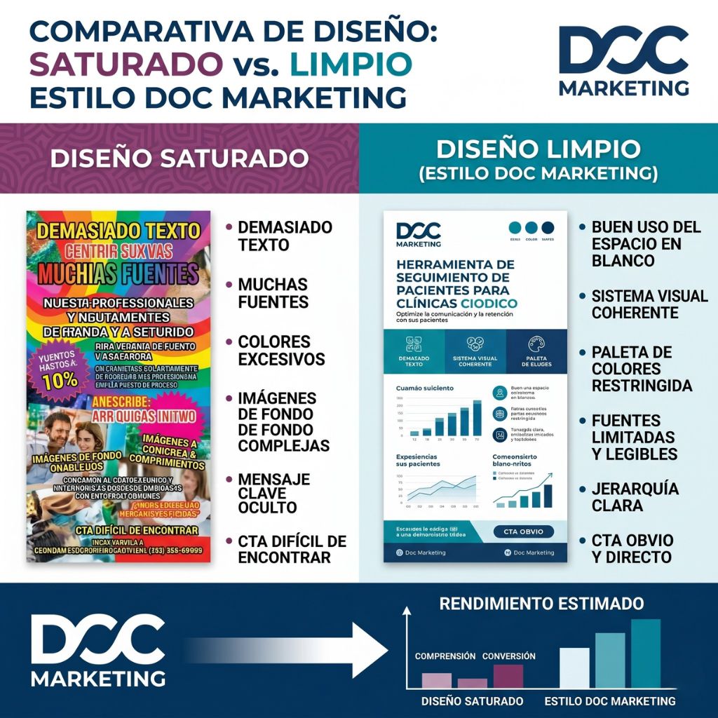 Infografía comparativa de un diseño saturado vs. un diseño limpio estilo Doc Marketing